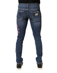 Blue Distressed Graffiti Print Skinny Jeans