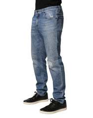 Blue Tattered Slim Fit Men Cotton Denim Jeans
