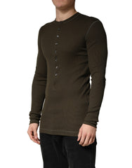 Brown Cotton Buttoned Henley Pullover Sweater