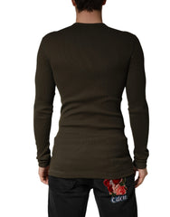 Brown Cotton Buttoned Henley Pullover Sweater