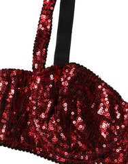 Red Sequined Nylon Balconnet Bra Underwear