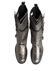 Metallic Silver Combat Biker Mid Calf Boots Shoes