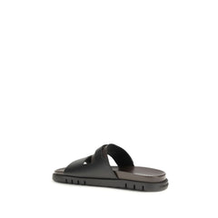 Black Calf Leather Bos Taurus Flat Sandals