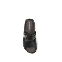 Black Calf Leather Bos Taurus Flat Sandals