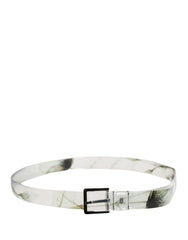 Men White Floral PVC Silver Metal Buckle Belt