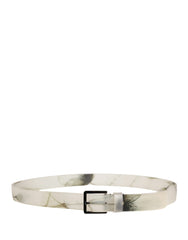 Men White Floral PVC Silver Metal Buckle Belt