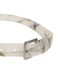 Men White Floral PVC Silver Metal Buckle Belt