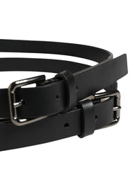 Black Double Strap Leather Silver Buckle Belt