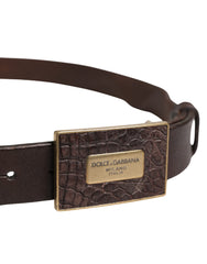 Men Brown Leather Logo Metal Buckle Belt