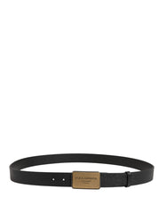 Black Classic Leather Logo Metal Buckle Belt