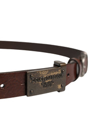 Men Brown Classic Leather Logo Buckle Belt