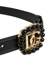 Black Leather DG Logo Embellished Buckle Belt