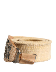 Beige Canvas Embellished Metal Buckle Belt