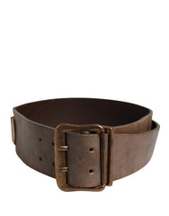 Brown Leather Wide Gold Metal Buckle Belt