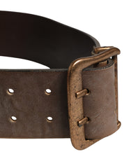 Brown Leather Wide Gold Metal Buckle Belt