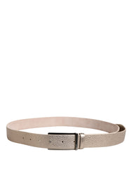 Metallic Beige Leather Silver Metal Buckle Belt