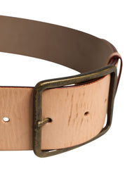 Beige Genuine Leather Wide Waist Metal Buckle Belt