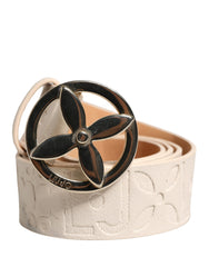 Beige Leather Wide Waist Silver Metal Buckle Waist Women Belt