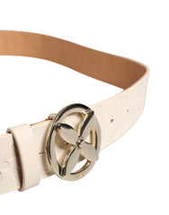 Beige Leather Wide Waist Silver Metal Buckle Waist Women Belt