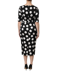 Black White Polka Dot Silk Sheath Midi Dress