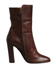 Brown Leather Heels Mid Calf Boots Shoes