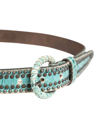 Women Green Leather Croco Print Studded Belt