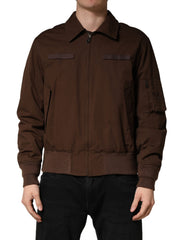 Brown Cotton Stretch Full Zip Bomber Jacket