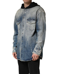 Blue Hooded Cotton Buttoned Denim Jacket