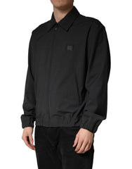 Black Wool Logo Full Zip Men Bomber Jacket