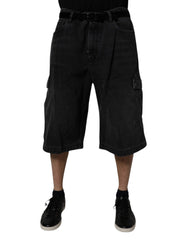 Black Mid Waist Denim Cargo Bermuda Shorts