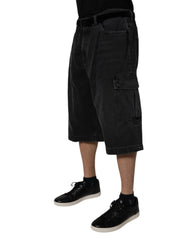 Black Mid Waist Denim Cargo Bermuda Shorts