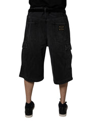 Black Mid Waist Denim Cargo Bermuda Shorts