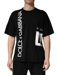 Black Logo Print Cotton Men Crew Neck T-shirt