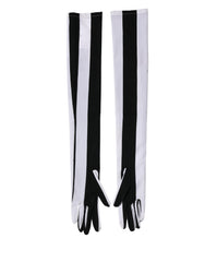Black White Stripes Nylon Elbow Length Women Gloves