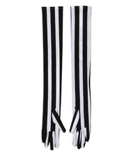 Black White Stripes Nylon Elbow Length Women Gloves
