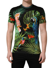Black Bird Print Cotton Men Crew Neck T-shirt
