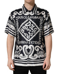 Black White Marina Print Silk Hawaii Shirt