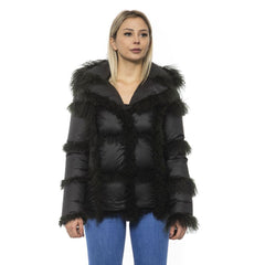 Black Poly Jacket with Lamb Fur Hood for Women