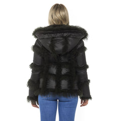 Black Poly Jacket with Lamb Fur Hood for Women