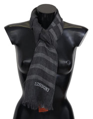 Gray Striped Wool Unisex Neck Wrap Fringes Scarf