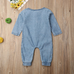Denim Solid Color Stitching Long-sleeved Round Neck One-piece Romper