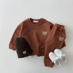 Korean Style Ins Newborn Infant Children's Cotton Bear Round Neck Sweater Sports Suit Baby Leisure Cartoon Two Piece Set
