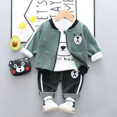 Children's Pants Set Zip-up Shirt Three-piece Cartoon Cotton Bear