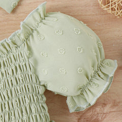 Three-color Jacquard Skirt Cute Puff Sleeve One-piece Rompers Jumpsuit With Headscarf