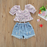 Simple Short-sleeved Floral Denim Shorts Suit