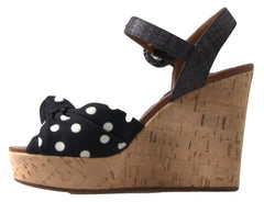 Black Wedges Polka Dotted Ankle Strap Shoes Sandals