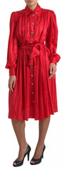 Red Button Down Belted Midi Satin Silk Dress