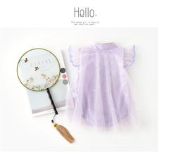 Baby Girl's Antique Style Buckle Mesh Feather Triangle Rompers Infant Onesie Dress