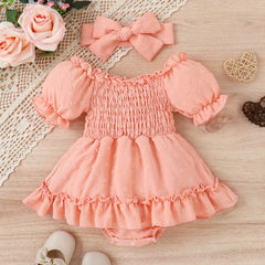 Three-color Jacquard Skirt Cute Puff Sleeve One-piece Rompers Jumpsuit With Headscarf