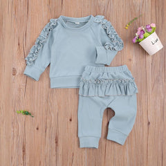 Simple Solid Color Long-sleeved Trousers Children's Suit With Leaf Edge